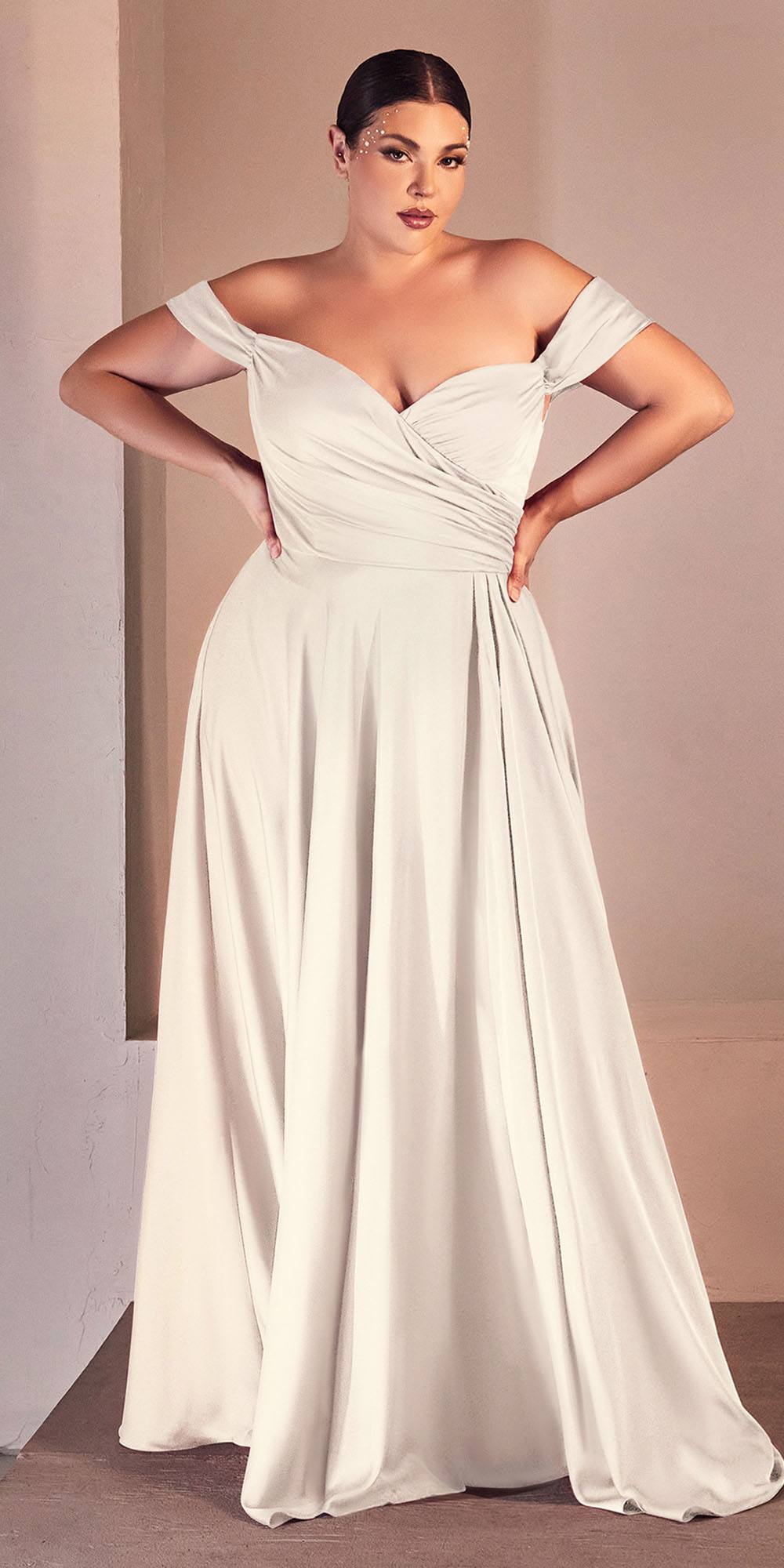 Ladivine 7493W Long A-Line Off the Shoulder Satin Bridal Dress