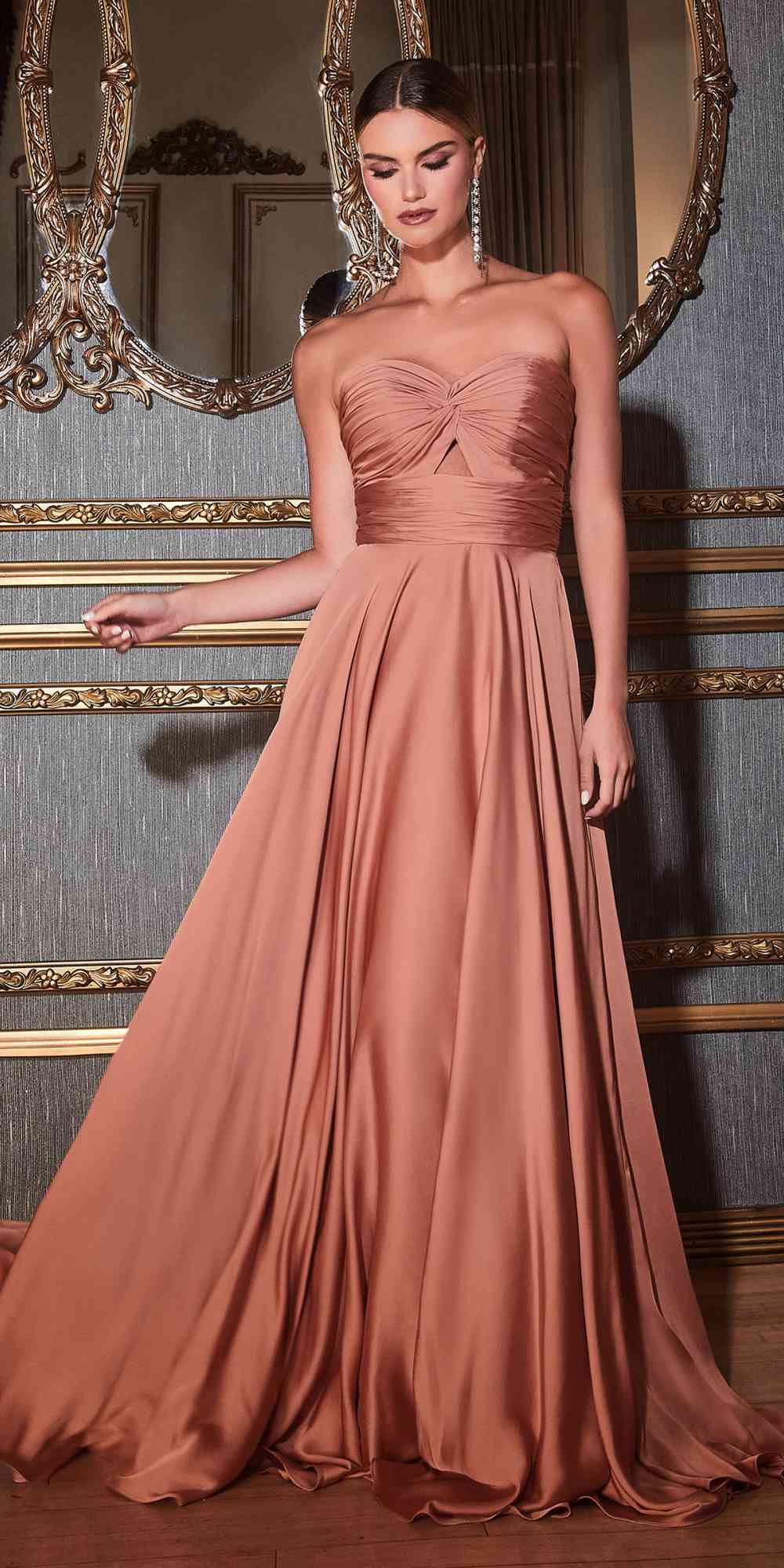 Ladivine 7496 Floor Length A-Line Luxurious Satin Strapless Keyhole Dress