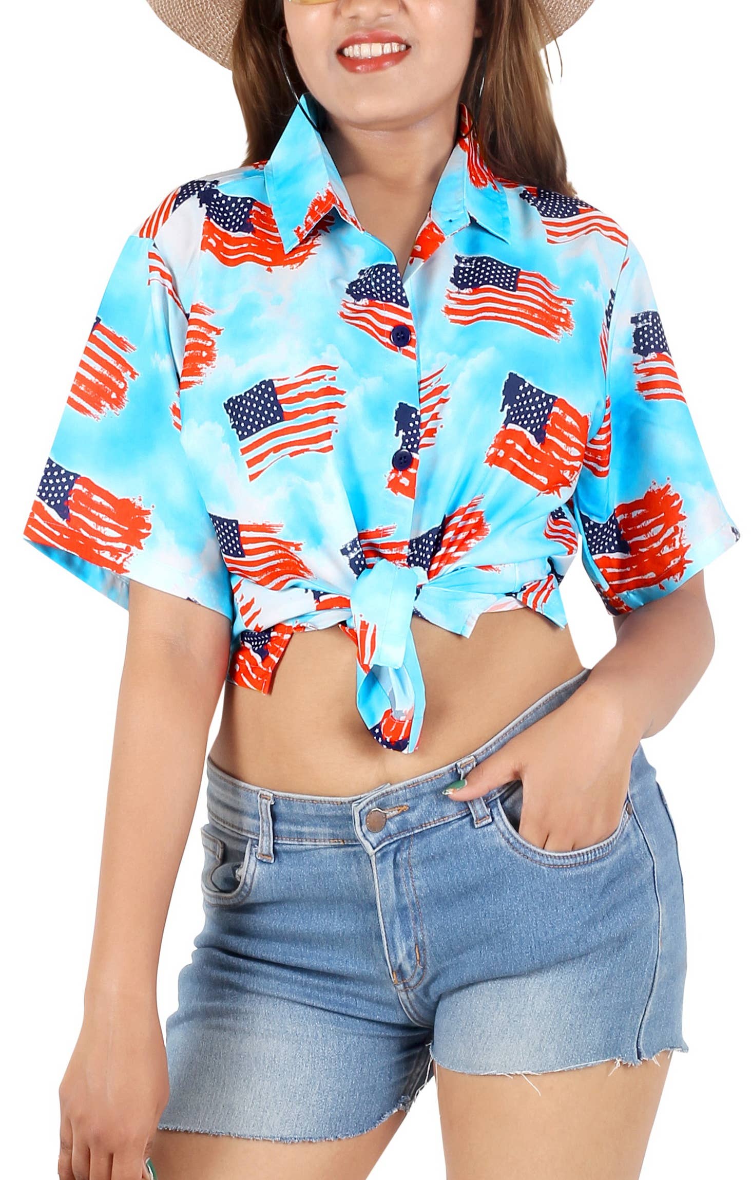 HAPPY BAY Women's Hawaiian Shirt US FLAG Blue P07109