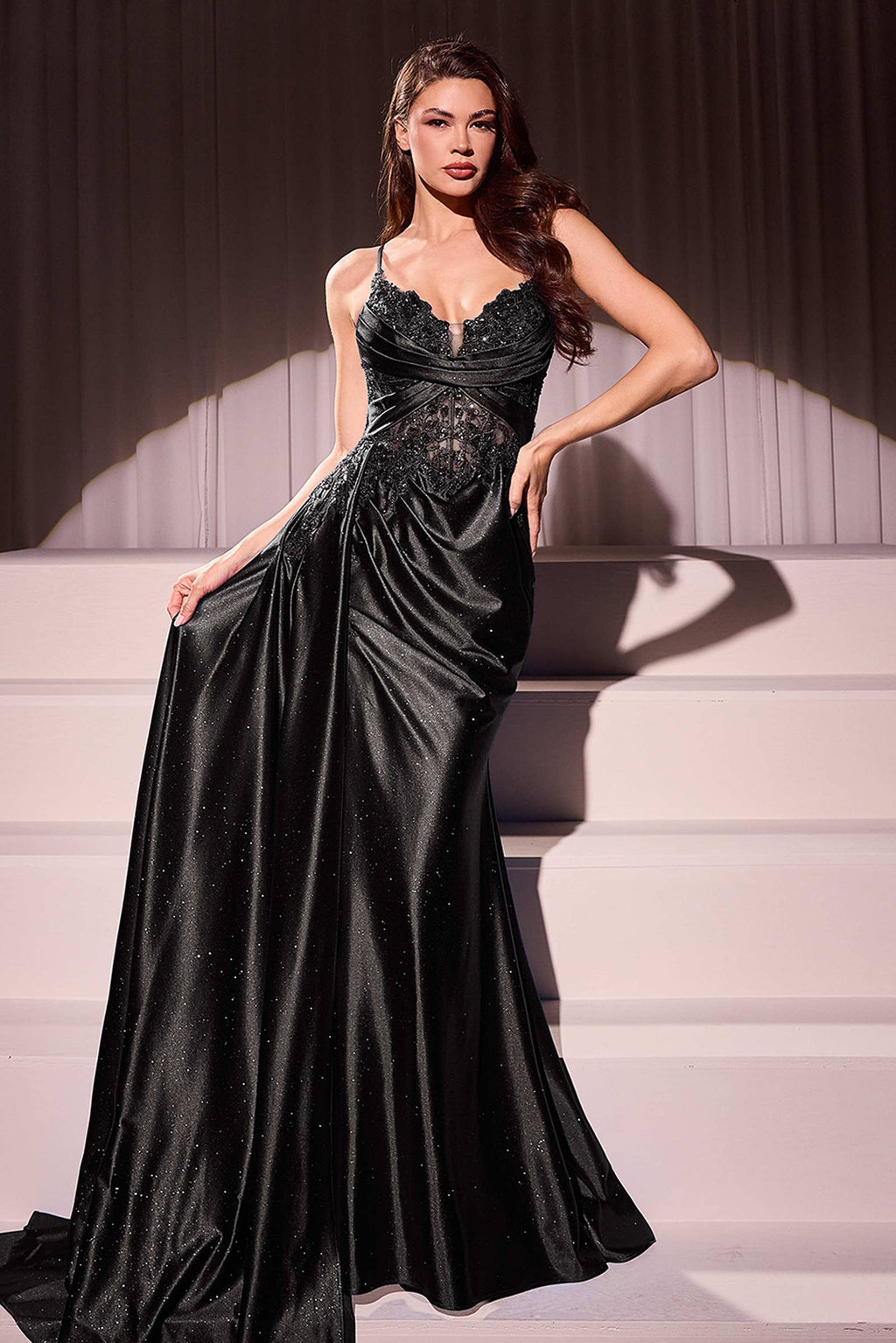 FITTED SATIN & LACE EVENING GOWN