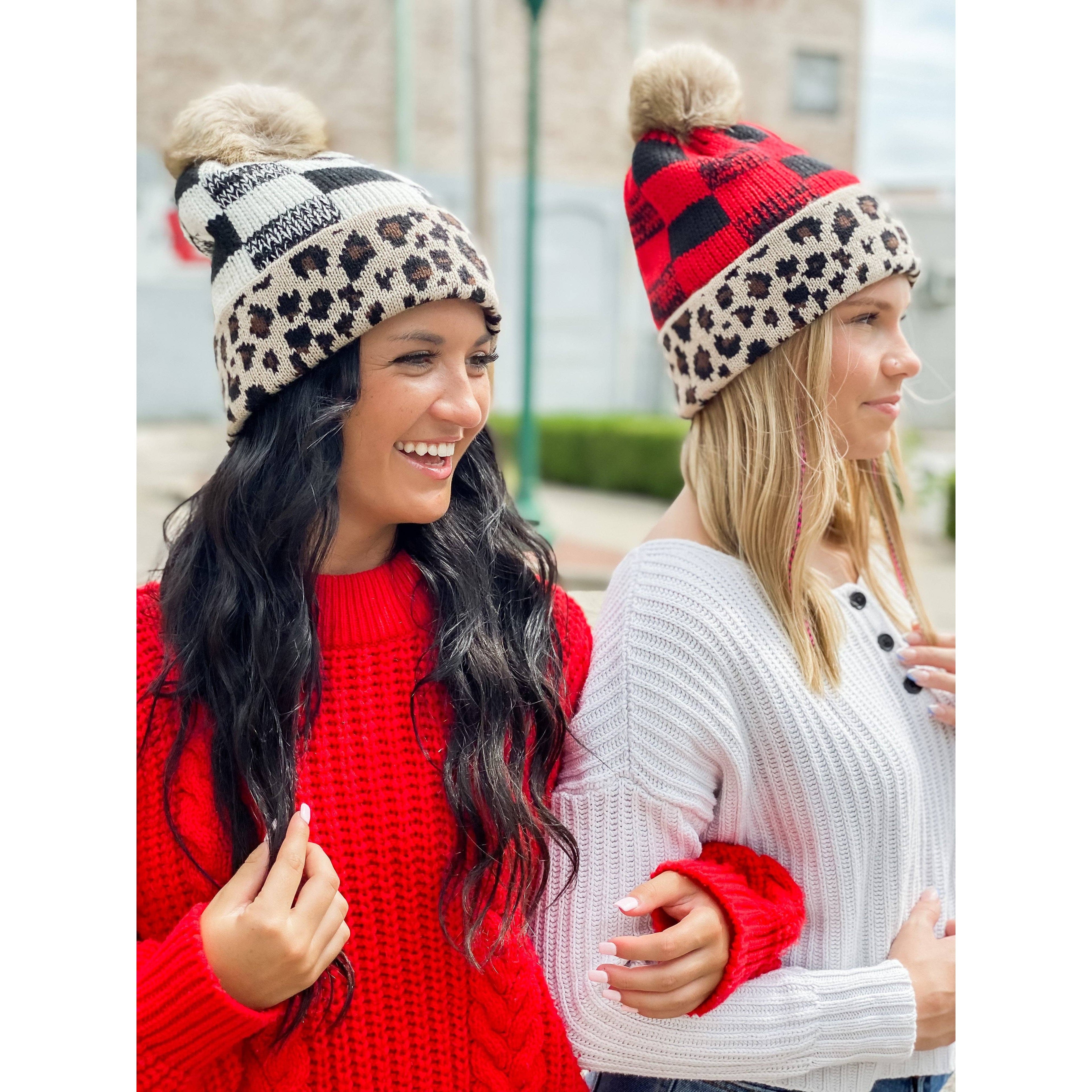 Leopard/Buffalo Mixed Print Fur Pom C.C Beanie HAT2084
