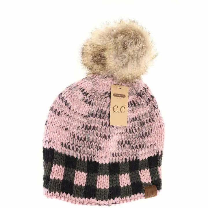 Buffalo Check Mixed Print Fur Pom C.C Beanie HAT2083