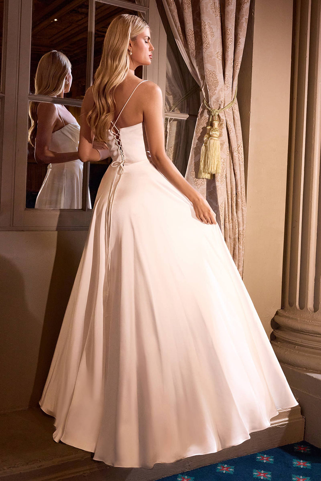 Pleated neckline, thin straps & elegant leg slit