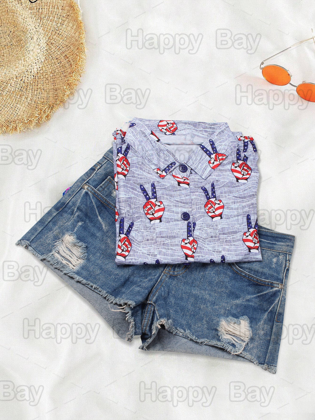 HAPPY BAY Women's Hawaiian Shirt US Flag Blue P07107