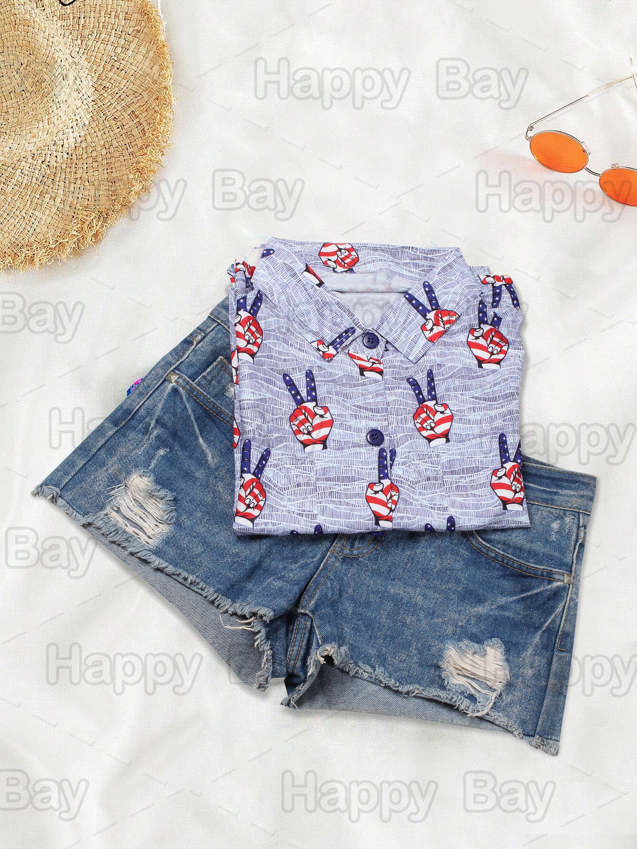 HAPPY BAY Women's Hawaiian Shirt US Flag Blue P07107