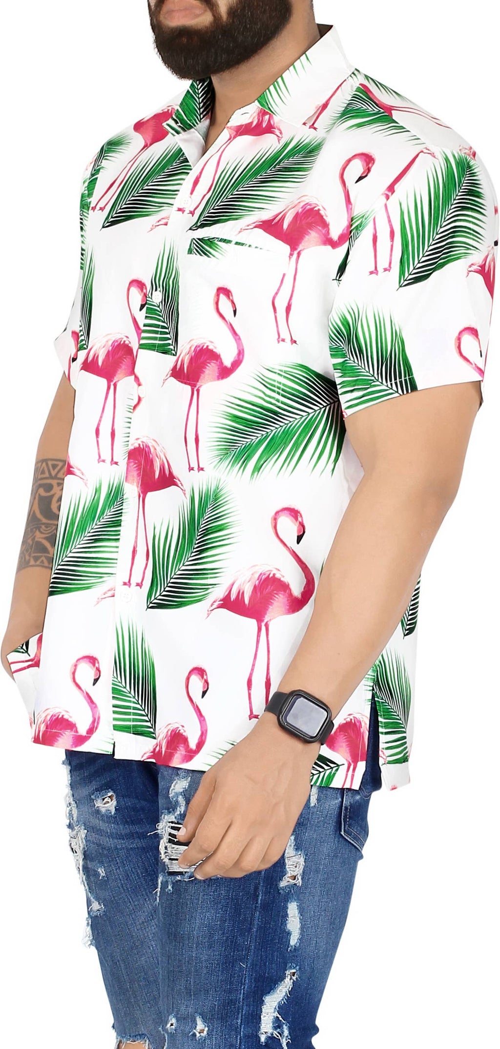 HAPPY BAY Men's Holiday Beach Shirts White,Bird Leaf P00174