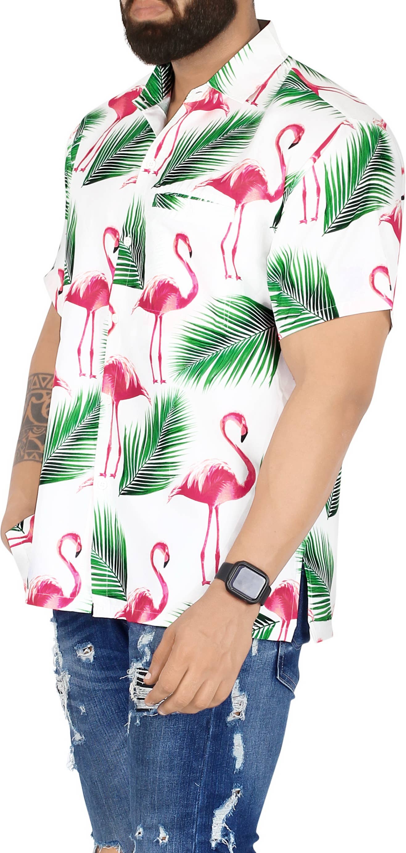 HAPPY BAY Men's Holiday Beach Shirts White,Bird Leaf P00174