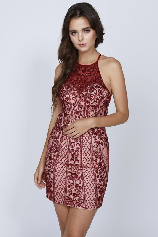 Juliet 815 Short Halter Fitted Dress Cut-Out Back