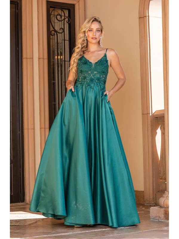 Satin Ball Gown Embellished Lace Prom Dress