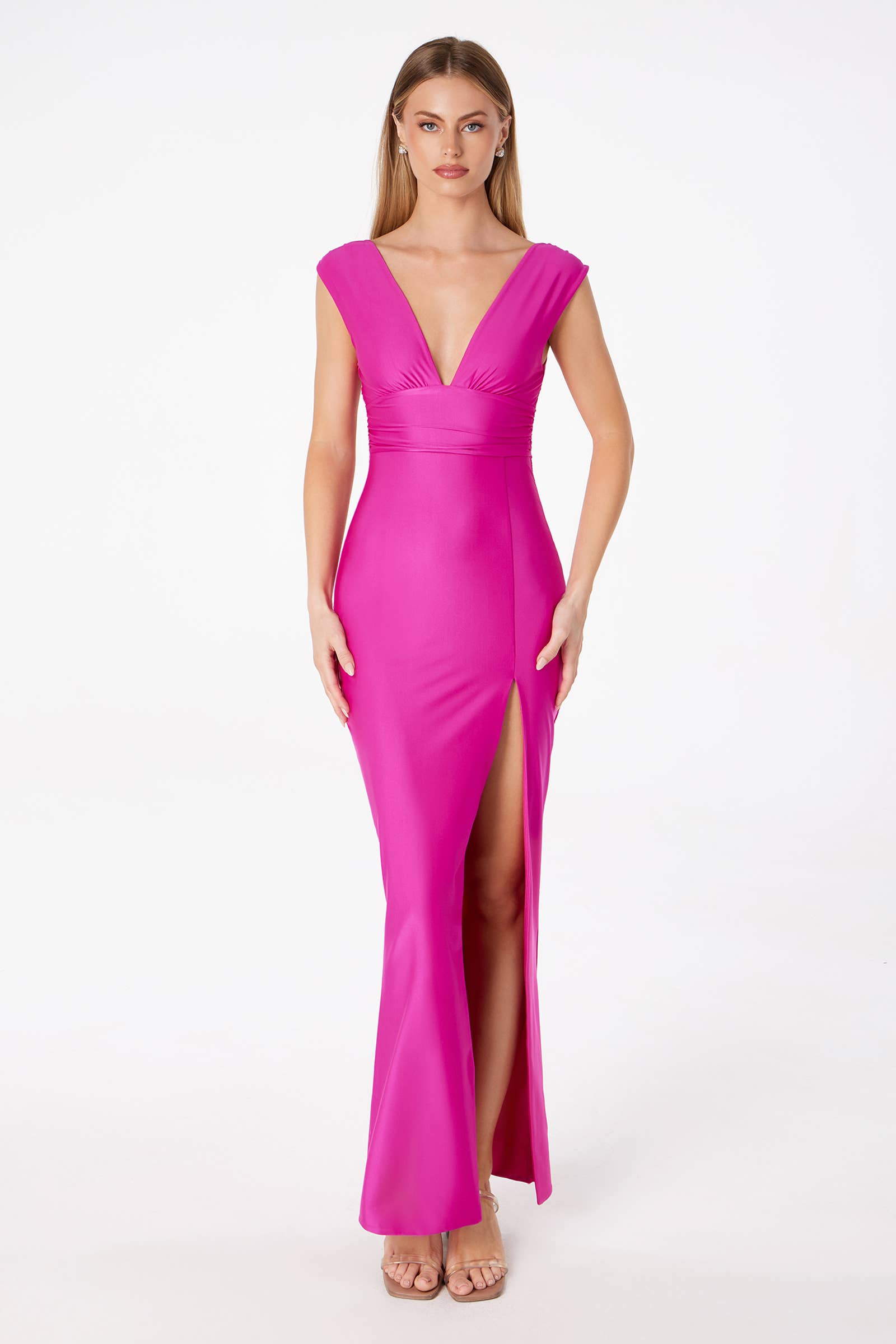 FITTED DRESS WITH SEMI-STRETCH AND LEG SLIT