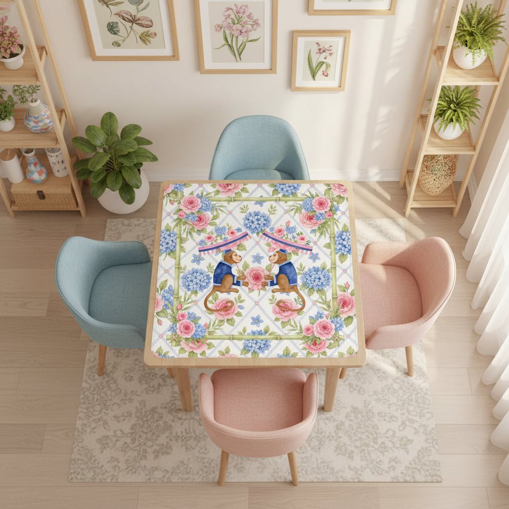 Mahjong Monkey Floral Infusion Hydrangeas Blue And Pink Mahjong Mat