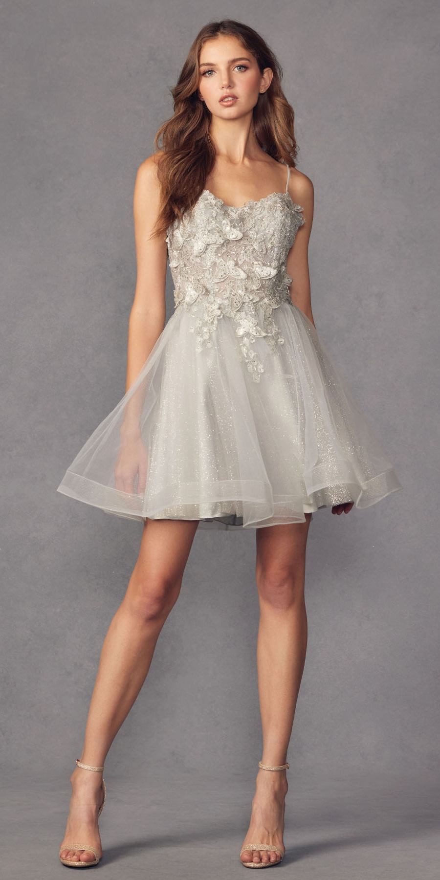 Juliet 902 Short A-Line 3D Butterfly Applique Layered Tulle Gown