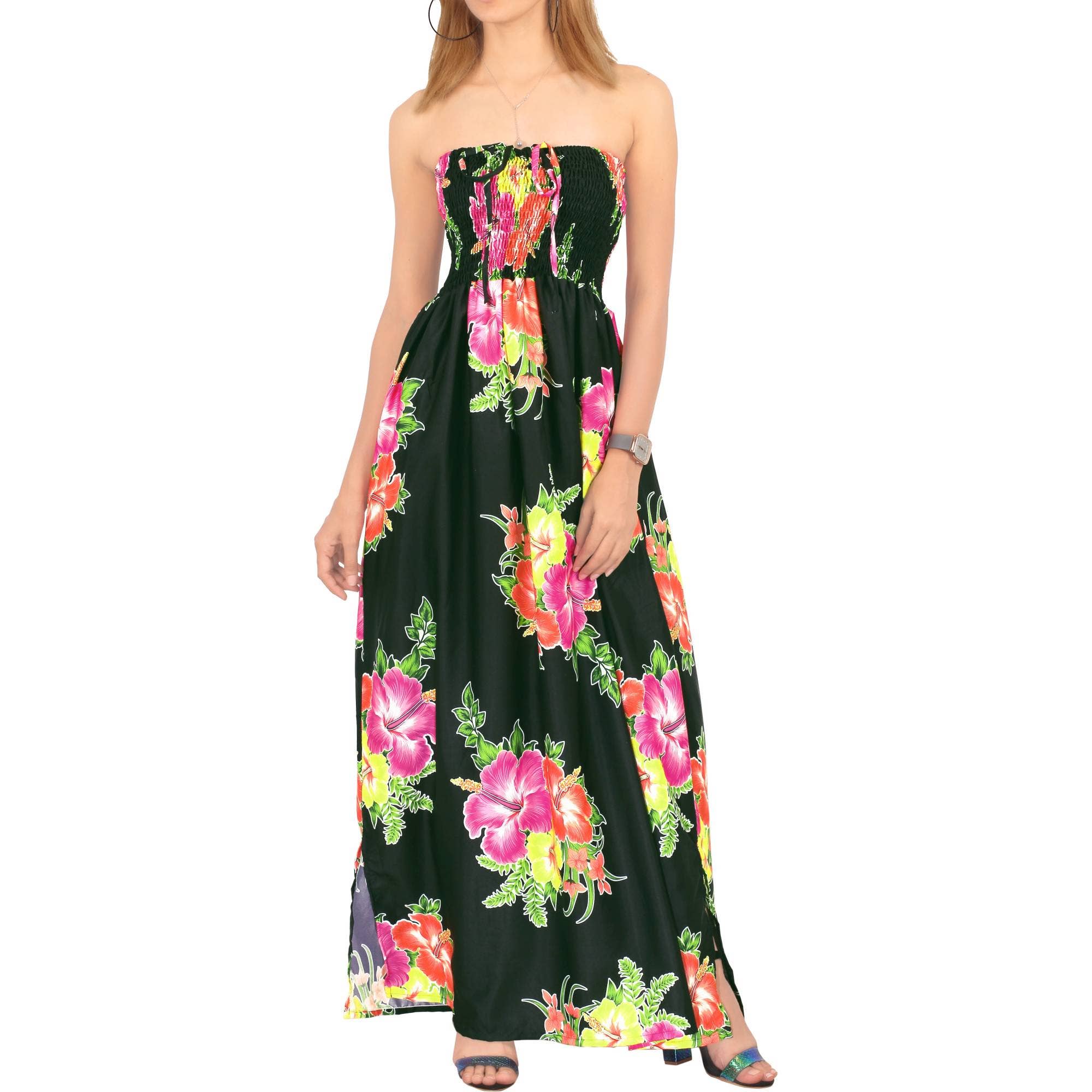 Women's Long Strapless Black Dress With Hibiscus Floral