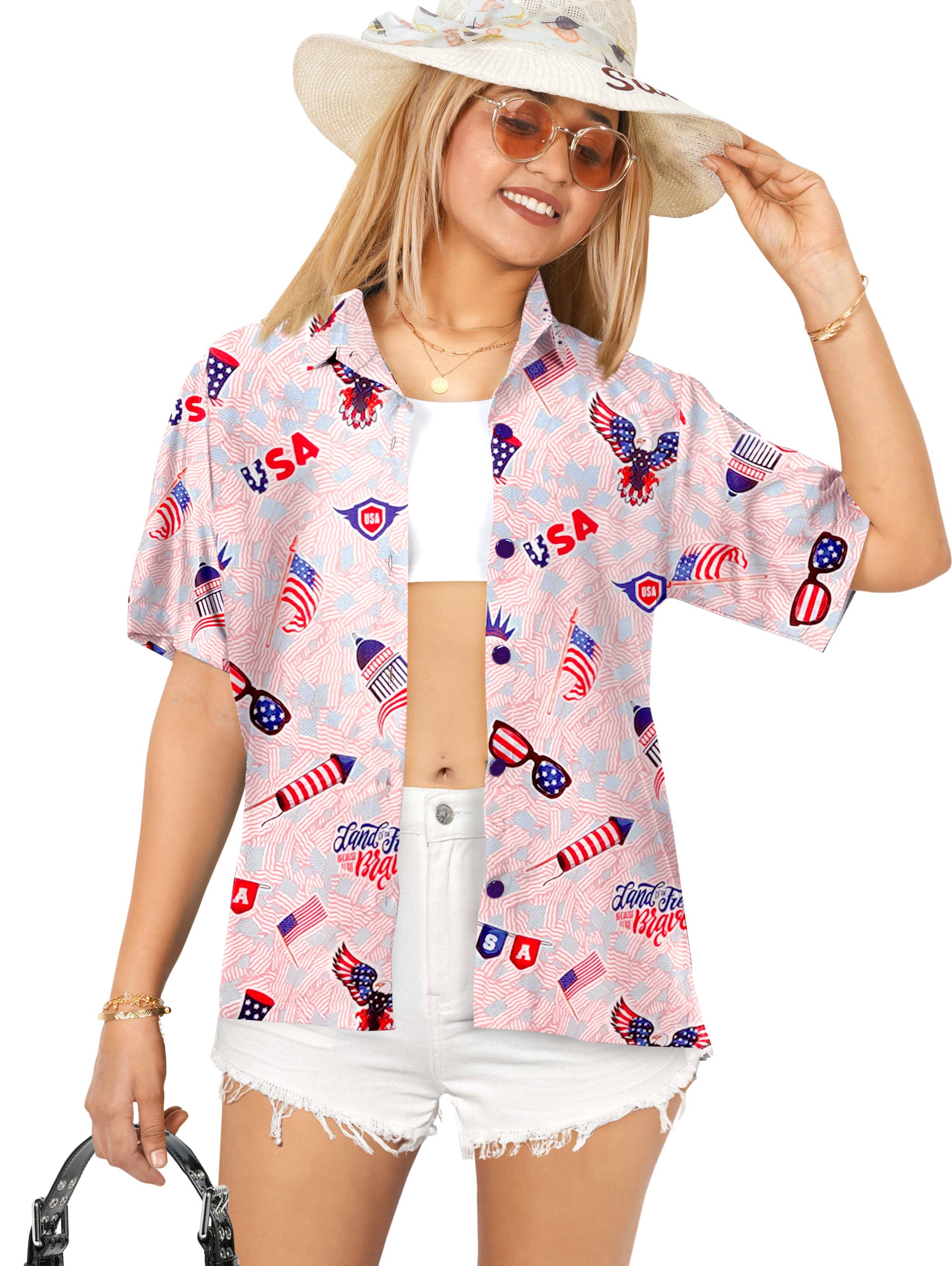 HAPPY BAY Women's Hawaiian Shirt US FLAG L-RED P07113