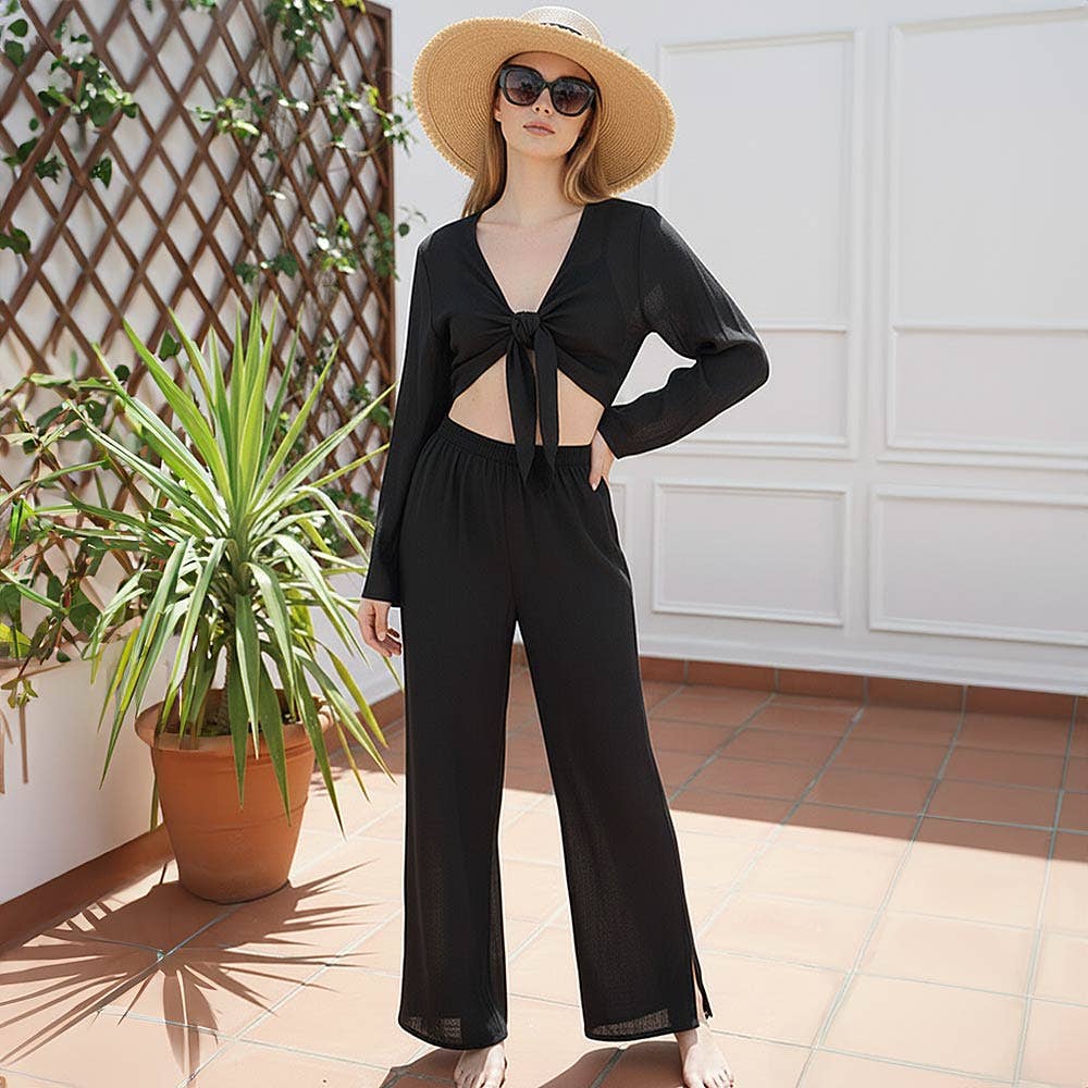 2PCS - Boho Tie Front Top Wide Leg pants Beach Set