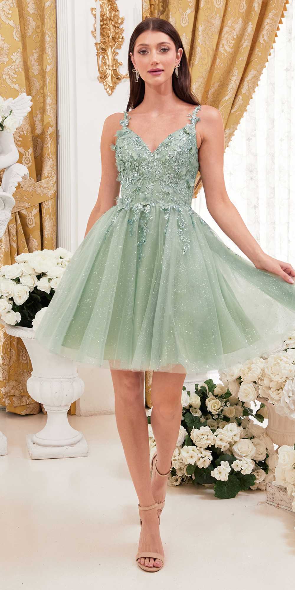 Ladivine 9245 Short A-Line Homecoming Dress with Floral Details
