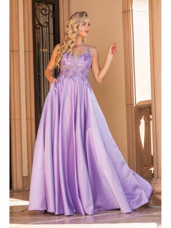 Satin Ball Gown Embellished Lace Prom Dress