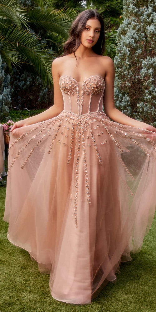 Andrea & Leo A1338 Long Strapless Beaded Gown with Bow Arm Bands