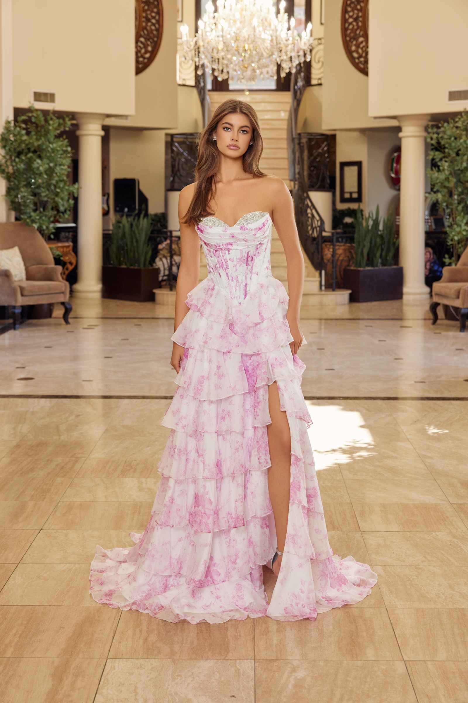 Nox Anabel A1752 Flowy Strapless A-Line Ruffled Layered Chiffon Prom Gown