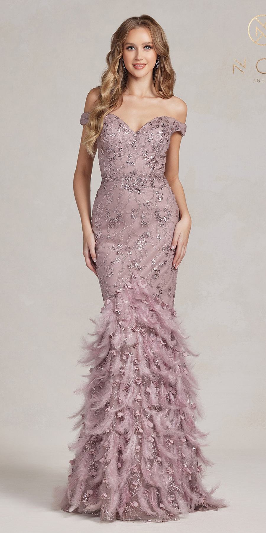 Nox Anabel C1106 Long Mermaid Off the Shoulder Gown with Feathers