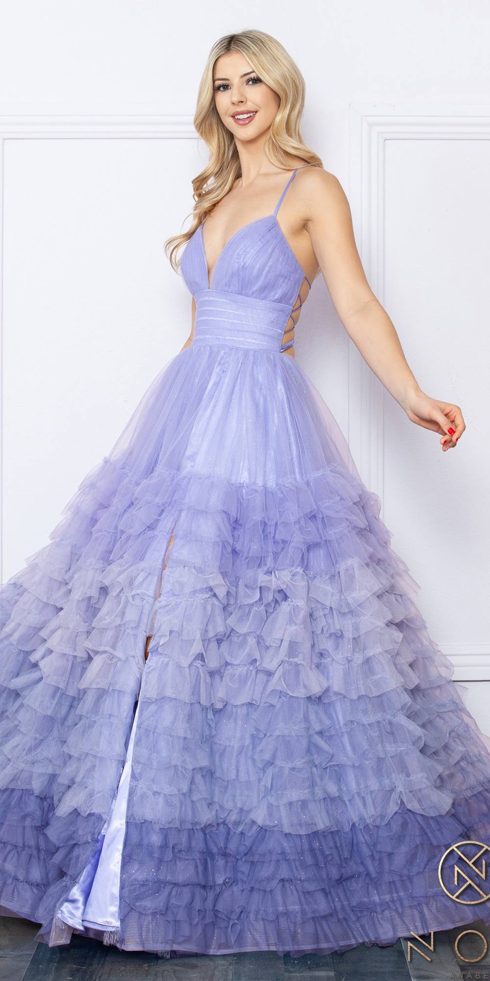 Nox Anabel C1420 Long Ombre Tiered Ruffled Skirt A-Line Slit Gown