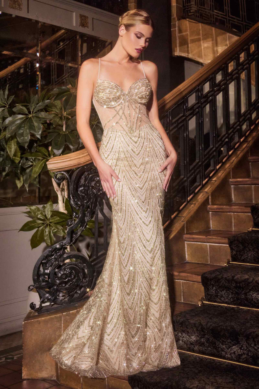 Ladivine C163 Dress Fitted Glitter Printed Gown
