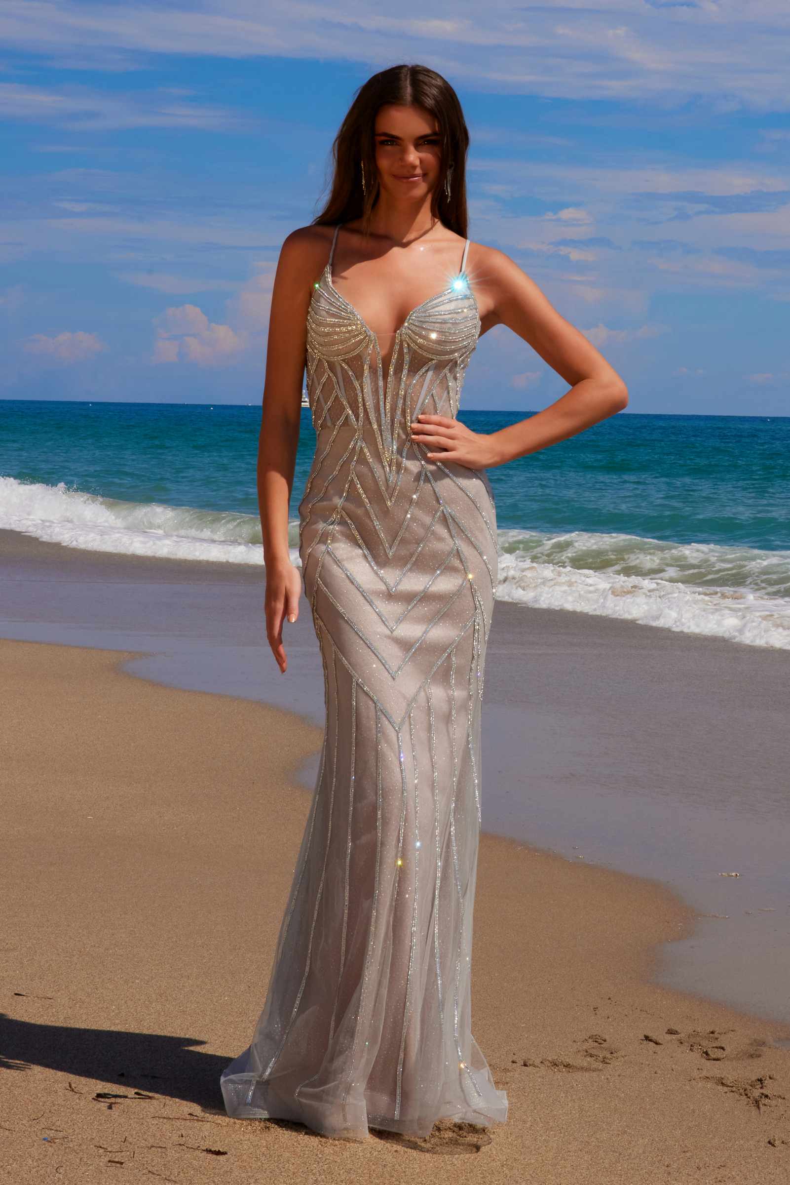 Nox Anabel C1632 Applique Tulle Gown Lace-Up Back Dress