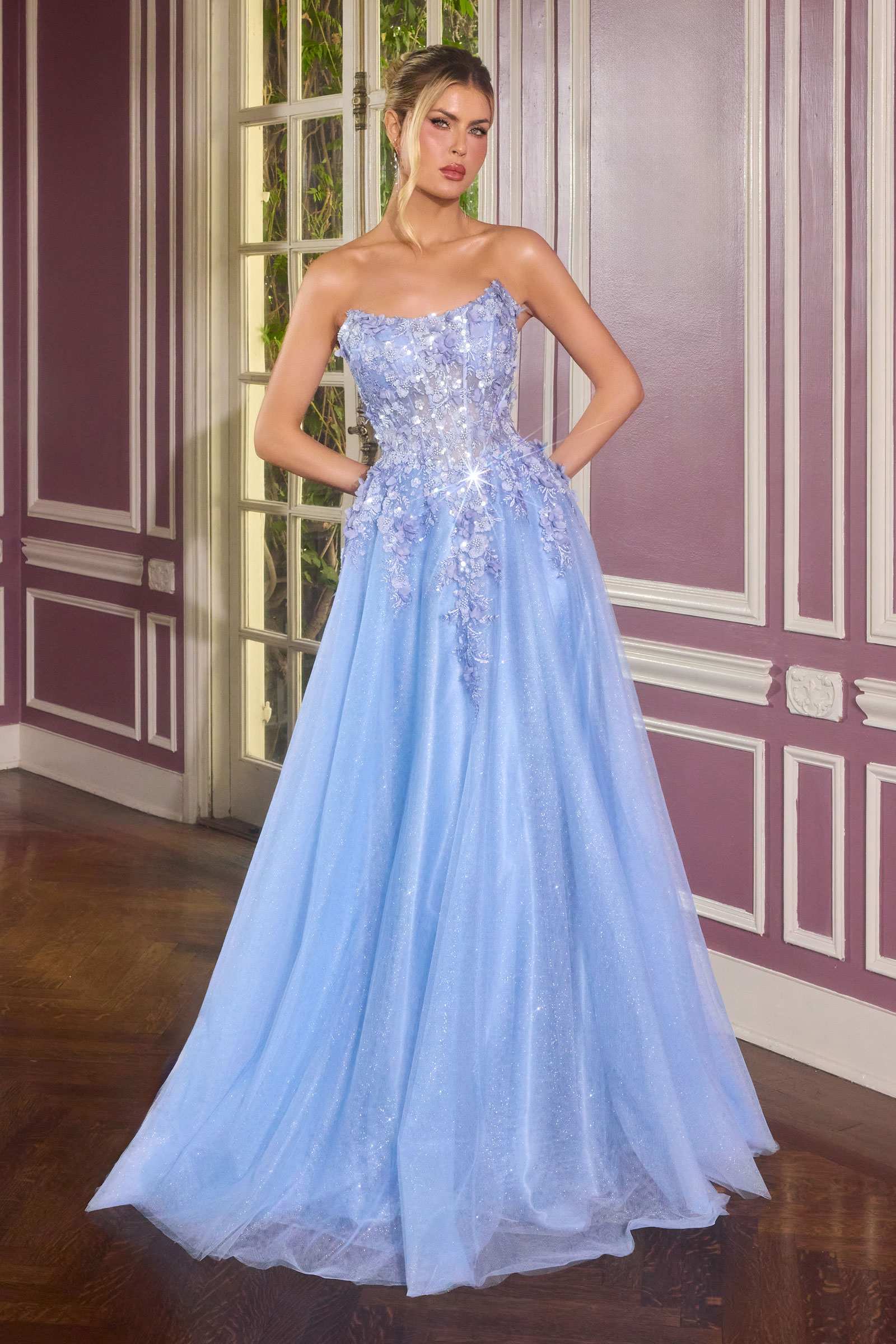 Ladivine C174 Enchanted Ball Gown Scoop Neck Floral Applique