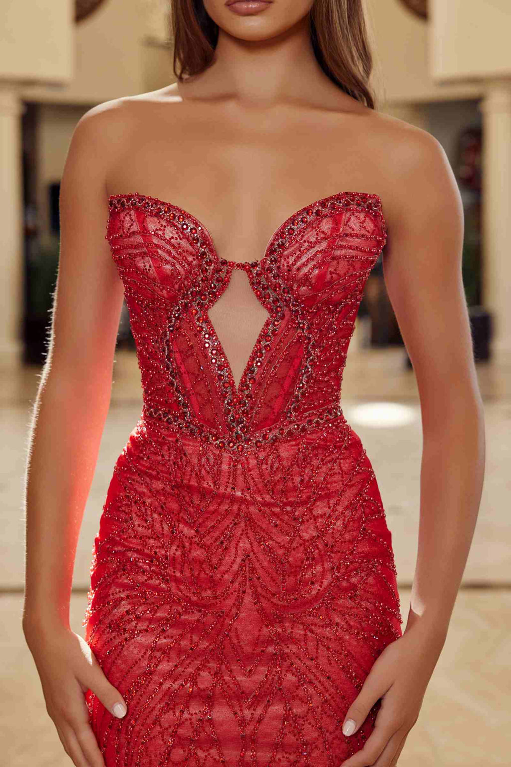 Nox Anabel C1848 Fitted Beaded Tulle Strapless Keyhole Bodice Prom Gown