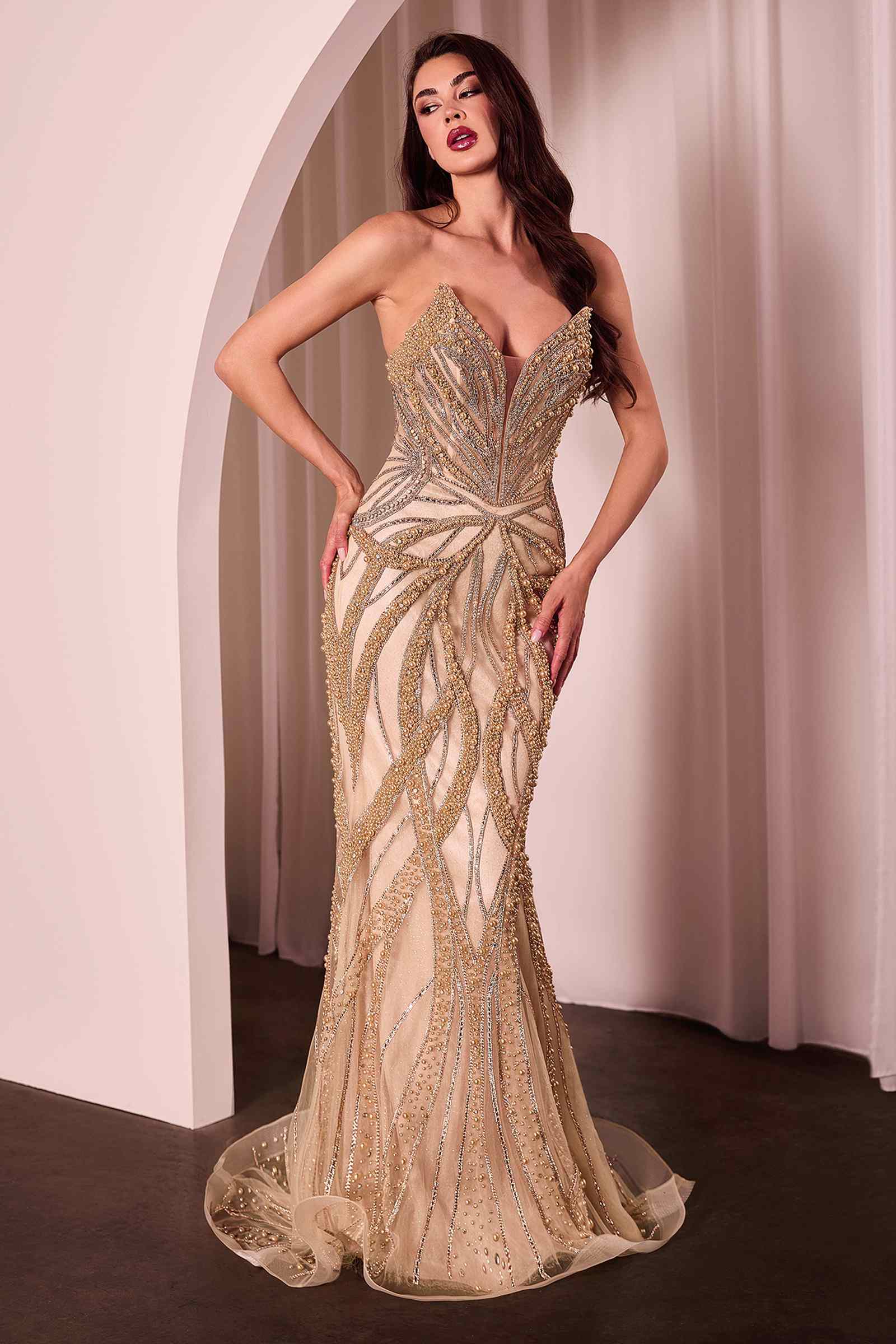 Ladivine CC0688 Dress Pearl and Crystal Strapless Fitted Gown