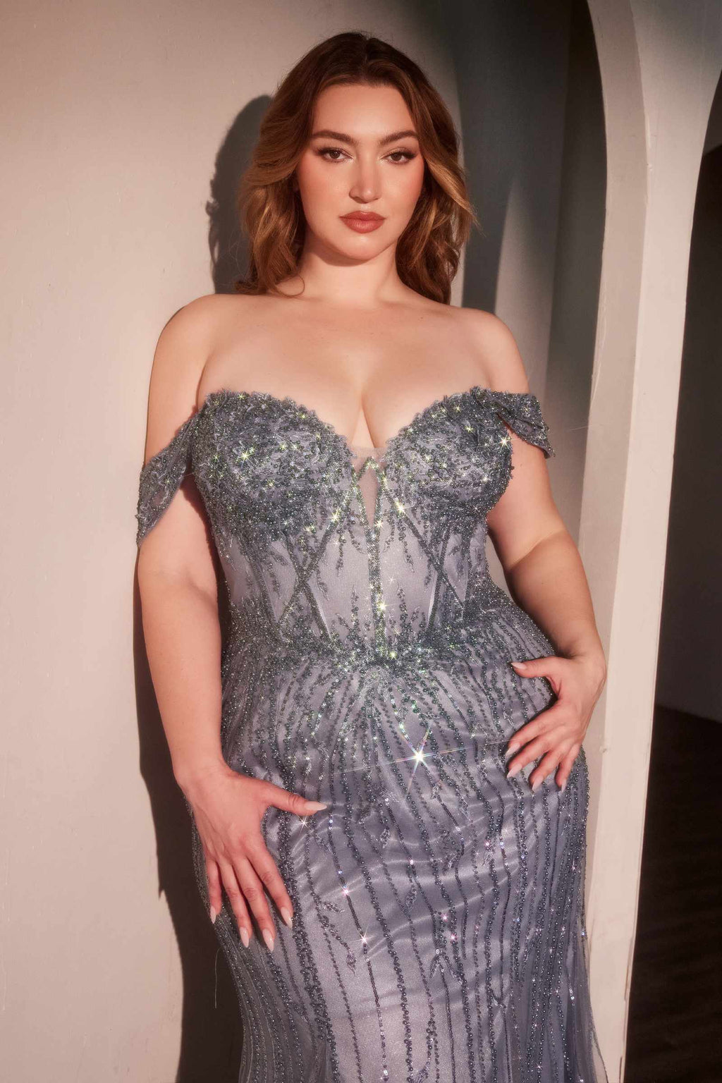 Ladivine CC341C Off The Shoulder Beaded Curve Gown