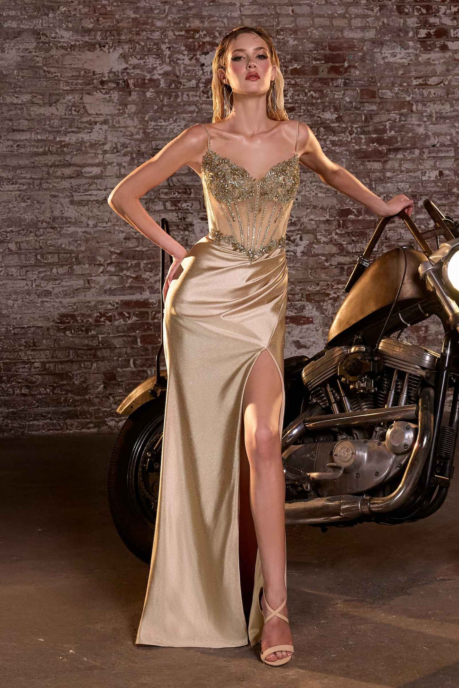 Ladivine CC408 Long Satin Fitted Gown Boned Embellished Bodice Slit