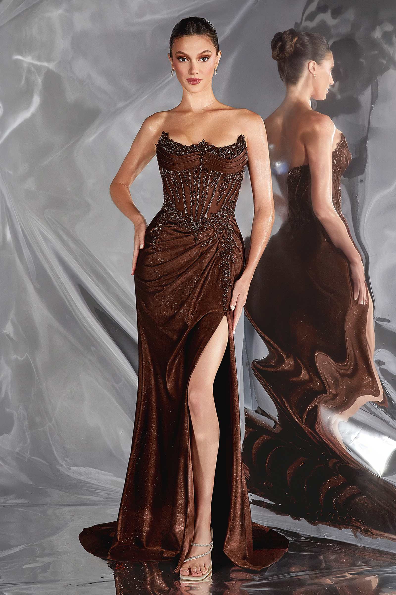 Ladivine CC463 Strapless Sweetheart Fitted Satin Skirt Gown