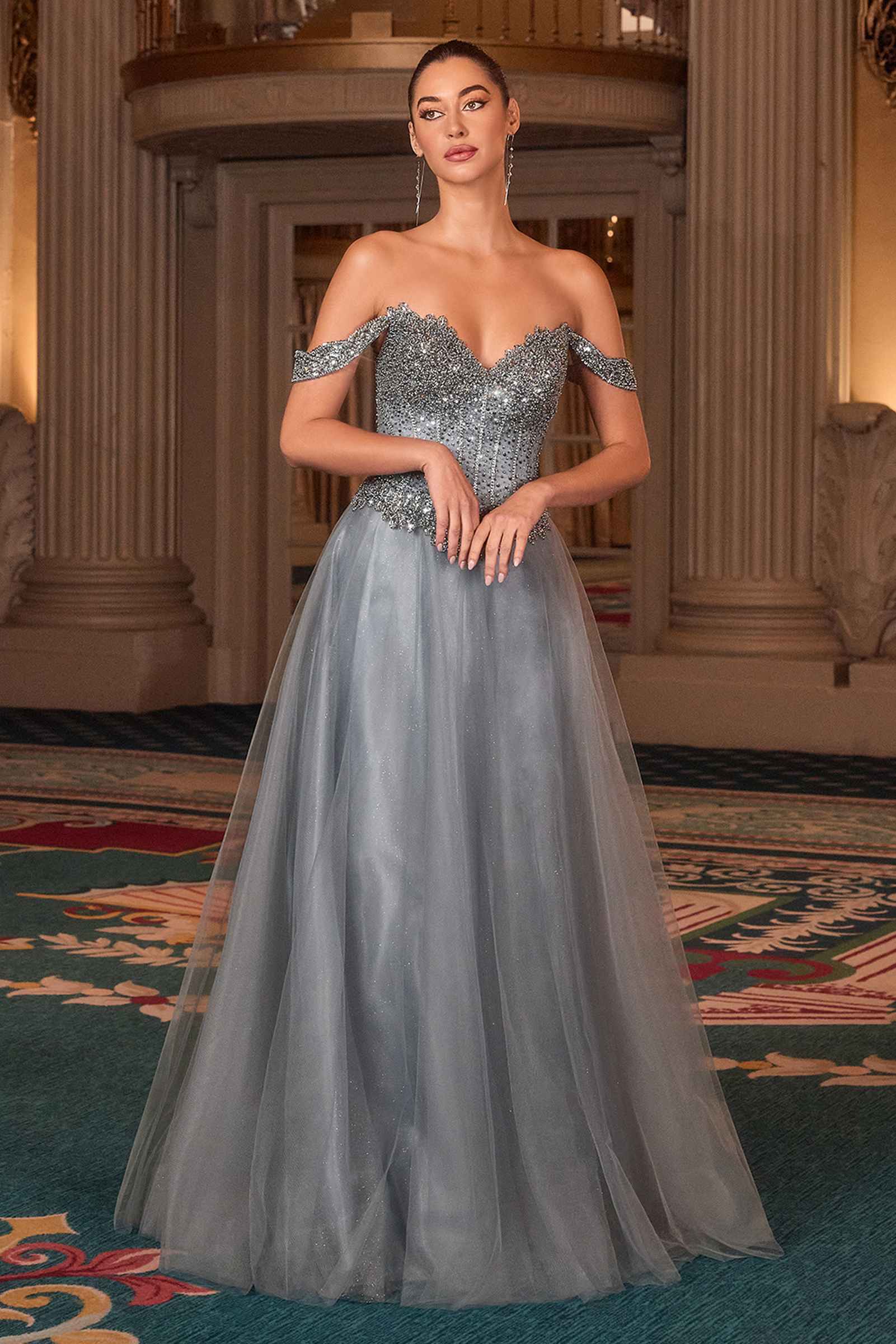 Ladivine CC471 Off Shoulder Glitter Tulle Corset Bodice A-line Ball Gown
