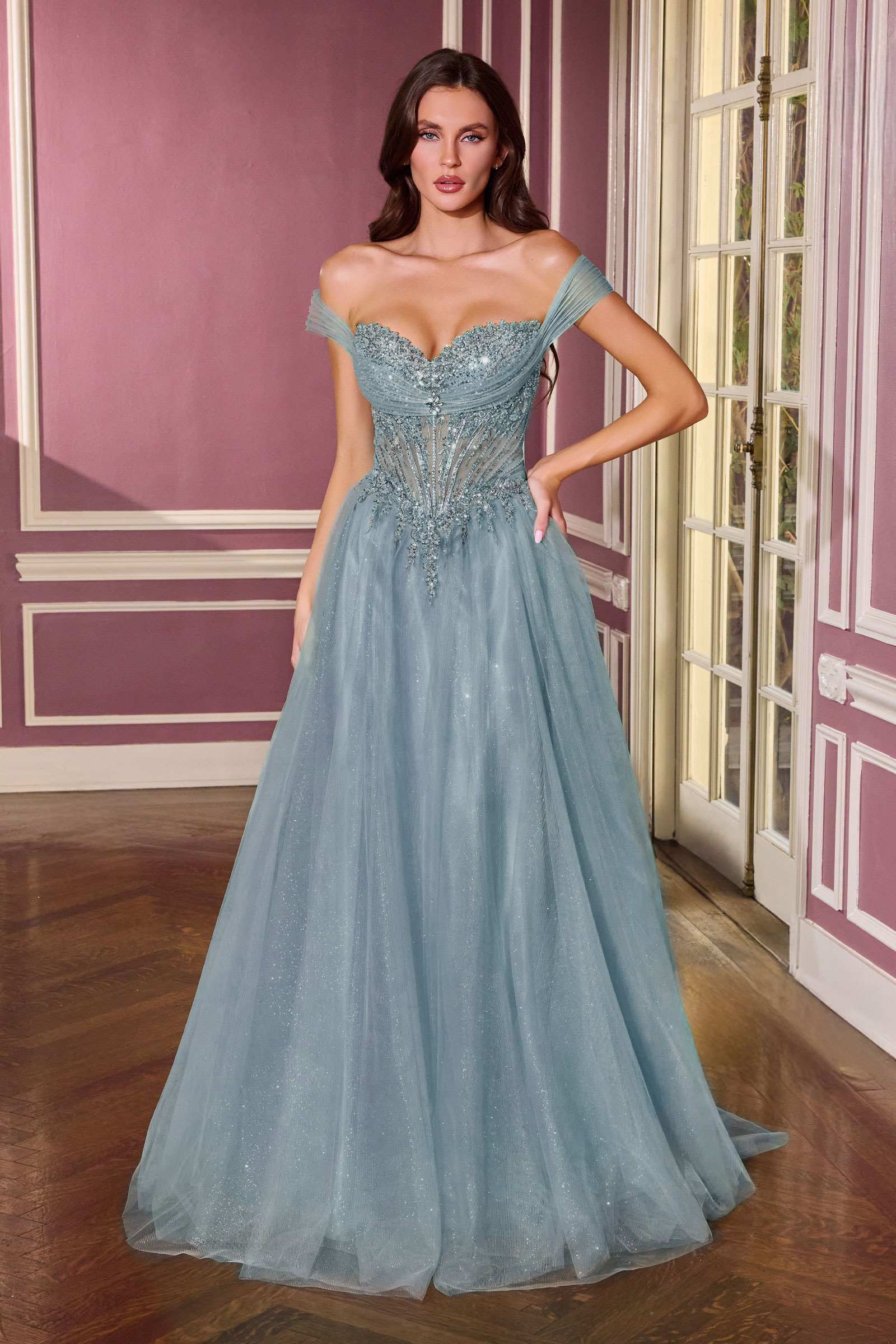 Ladivine CC493 Regal Off the Shoulder Soft Tulle Straps Ball Gown