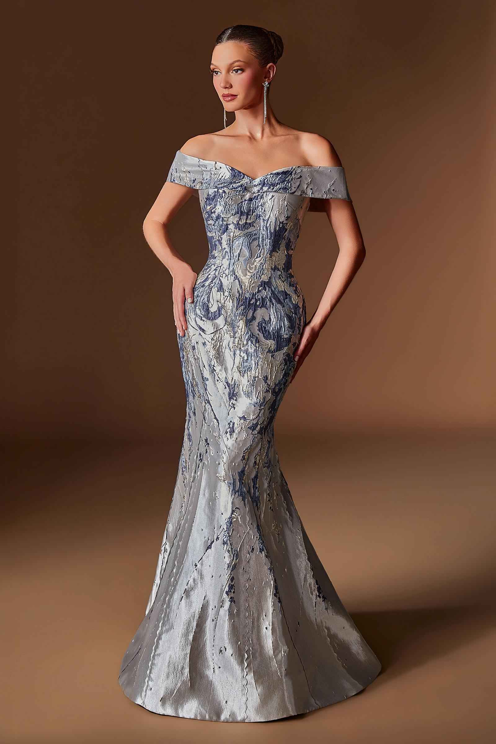 Ladivine CD0107 Metallic Jacquard Off Shoulder Fitted Mermaid Gown