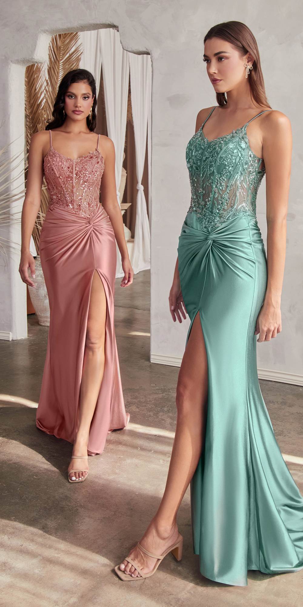 Ladivine CD0176 Long Fitted Satin Gown Sheer Embellished Boned Bodice