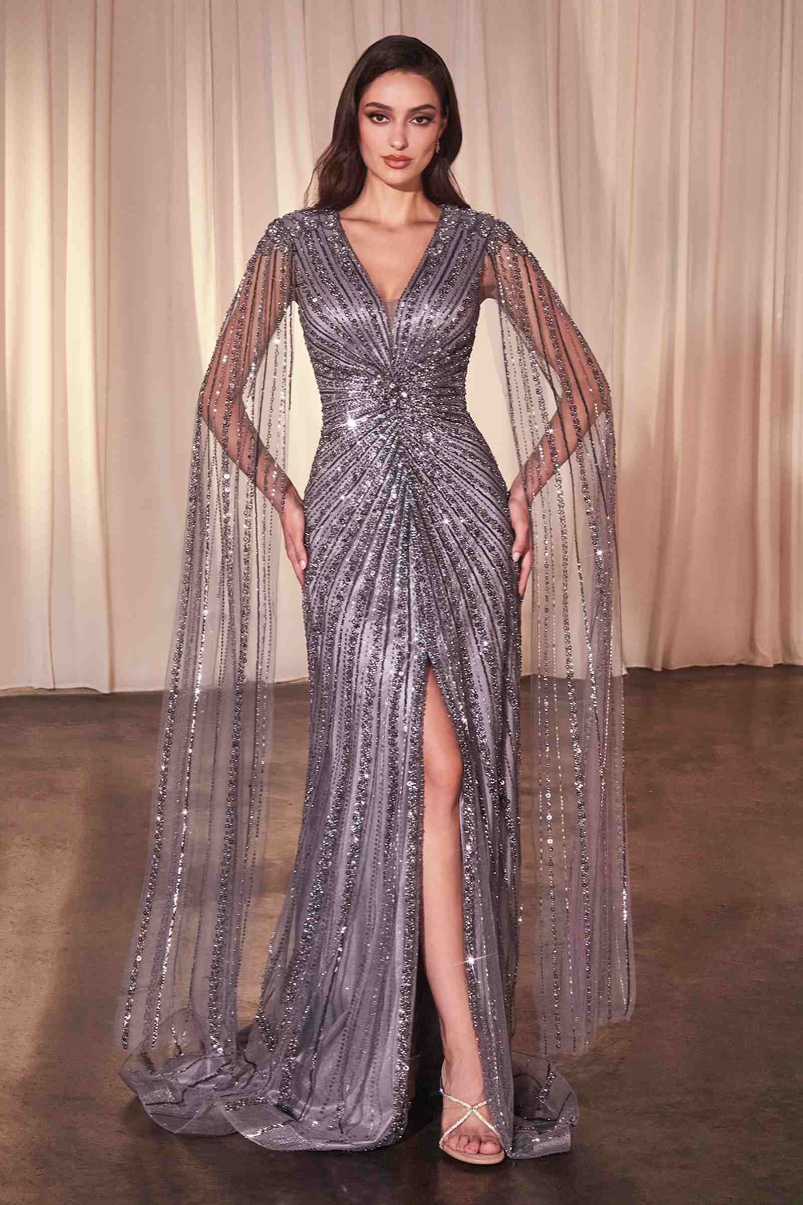 Ladivine CD0239 Long Sleeve Fully Beaded Sheath Gown