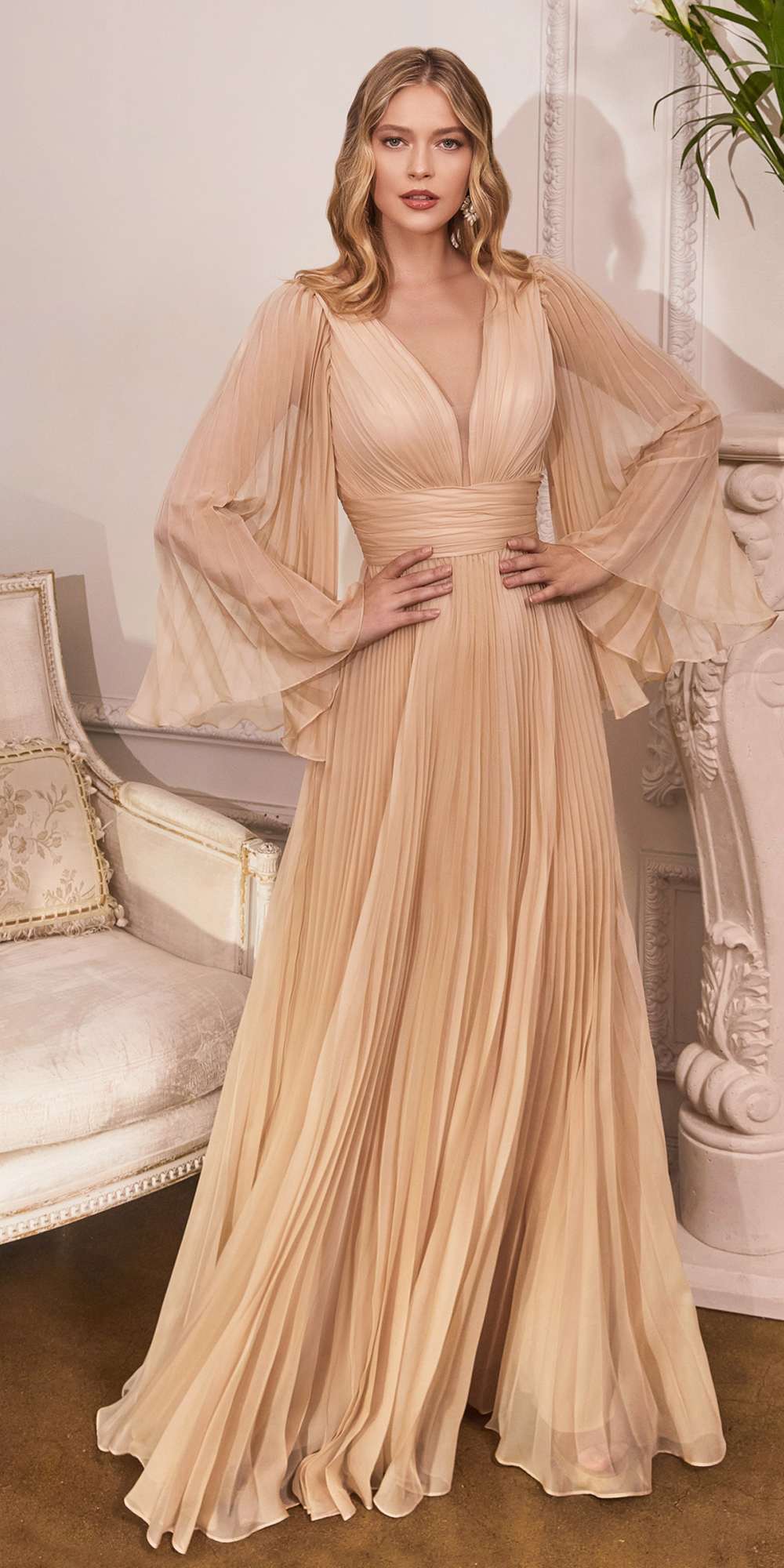 Cinderella Divine CD242C Pleated Chiffon Long Sleeve Gown