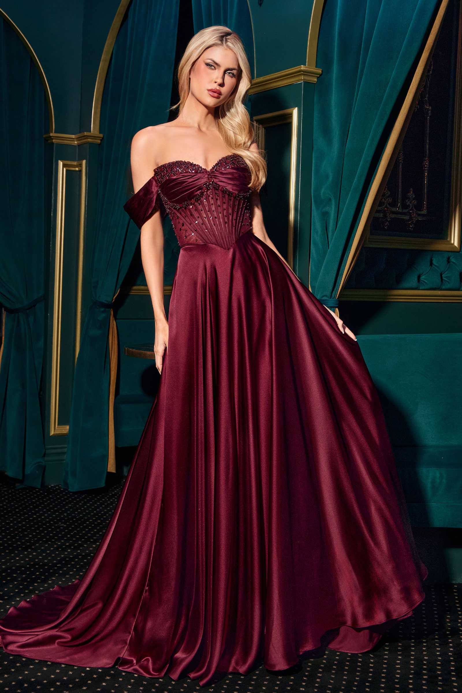Ladivine CD297 Dress Strapless Beaded Satin A-Line Prom Gown