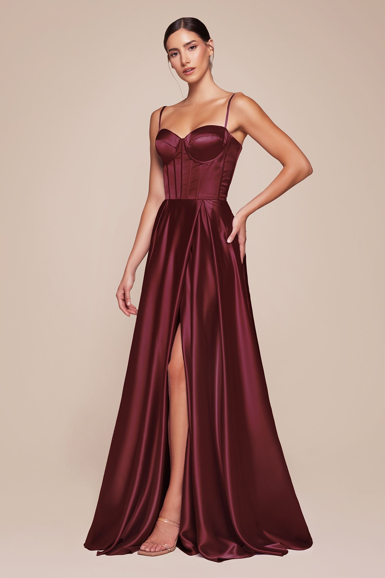 Ladivine CD337 Long A-Line Slit Satin Bustier Dress