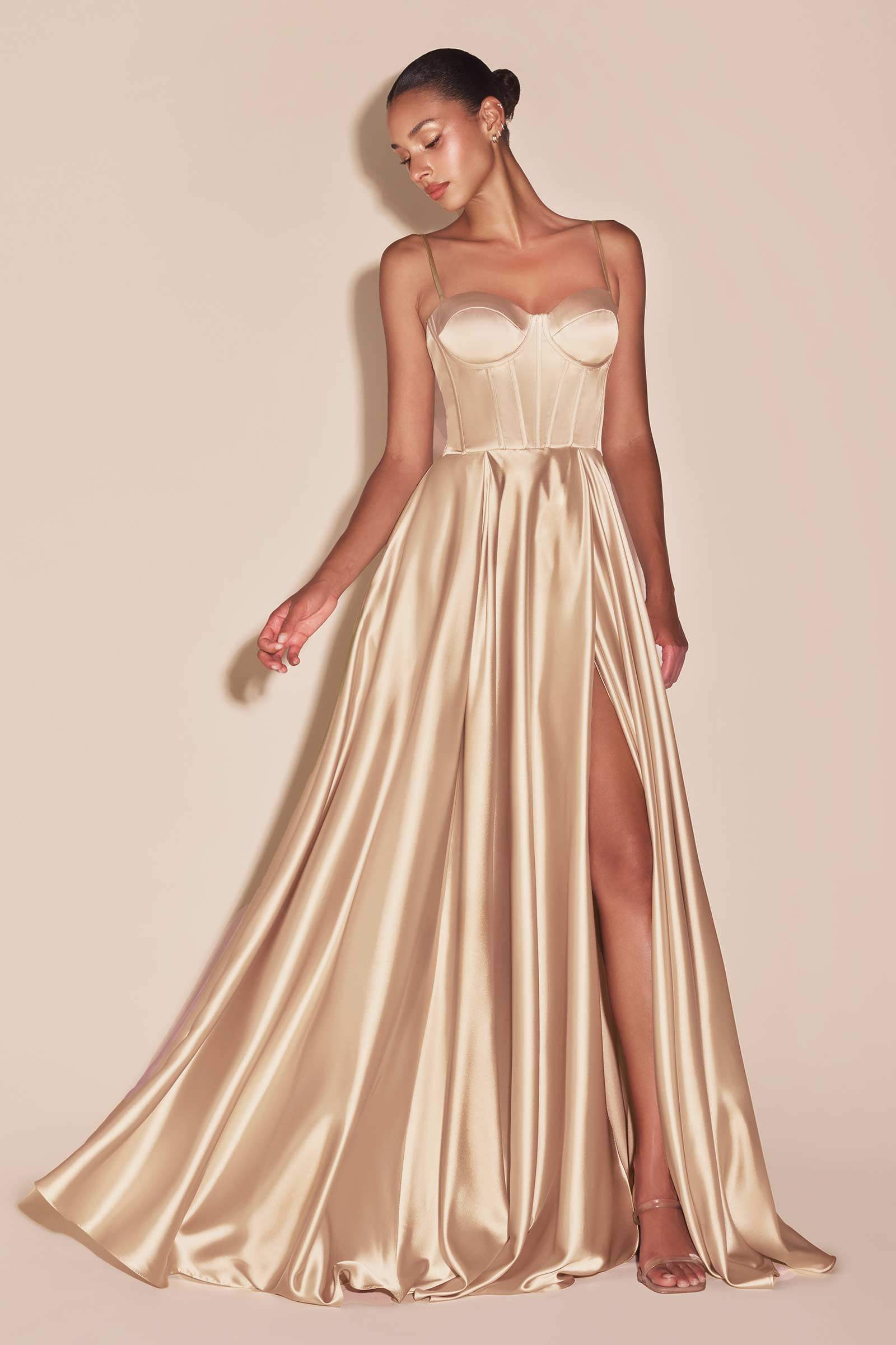 Ladivine CD337C Long A-Line Slit Satin Bustier Prom Dress