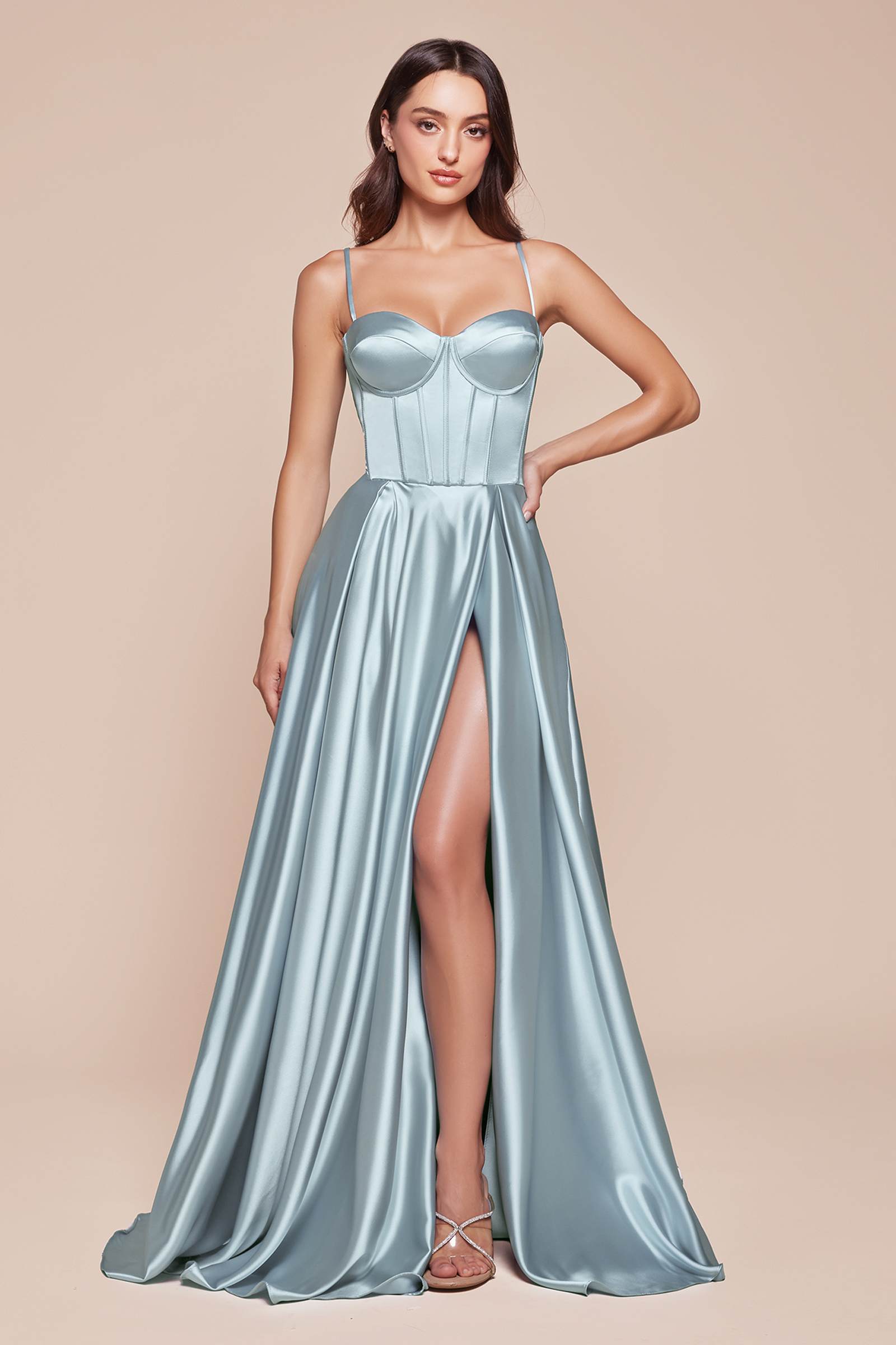 Ladivine CD337 Long A-Line Slit Satin Bustier Dress