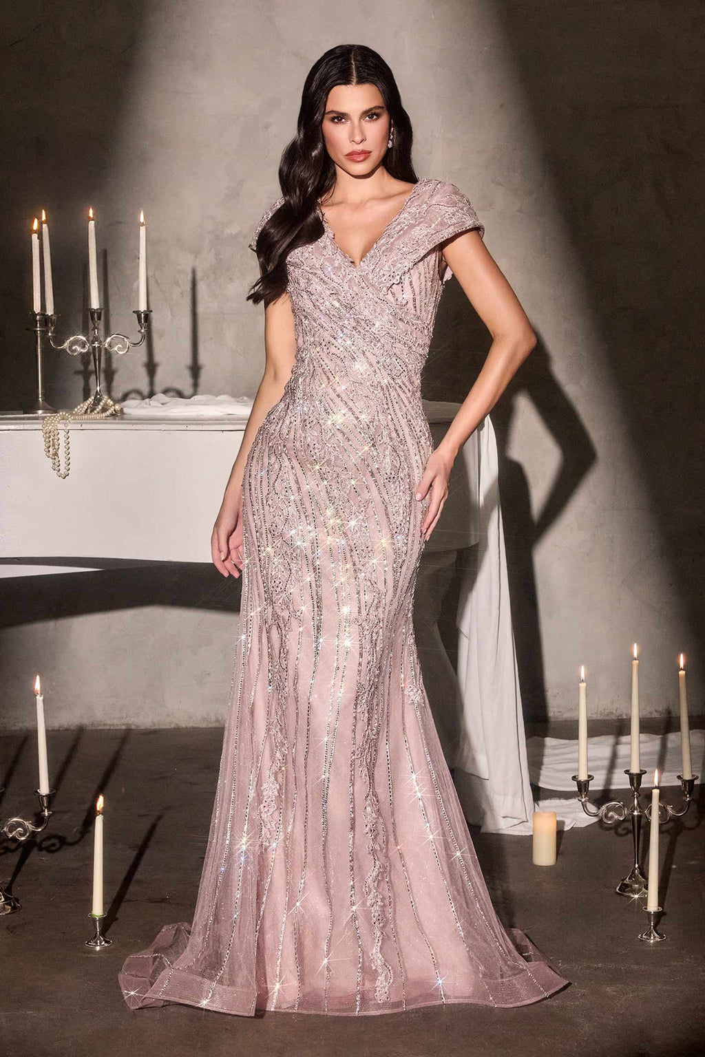 Ladivine CD698 Long Cap Sleeve Mother of the Bride V-Neckline Dress