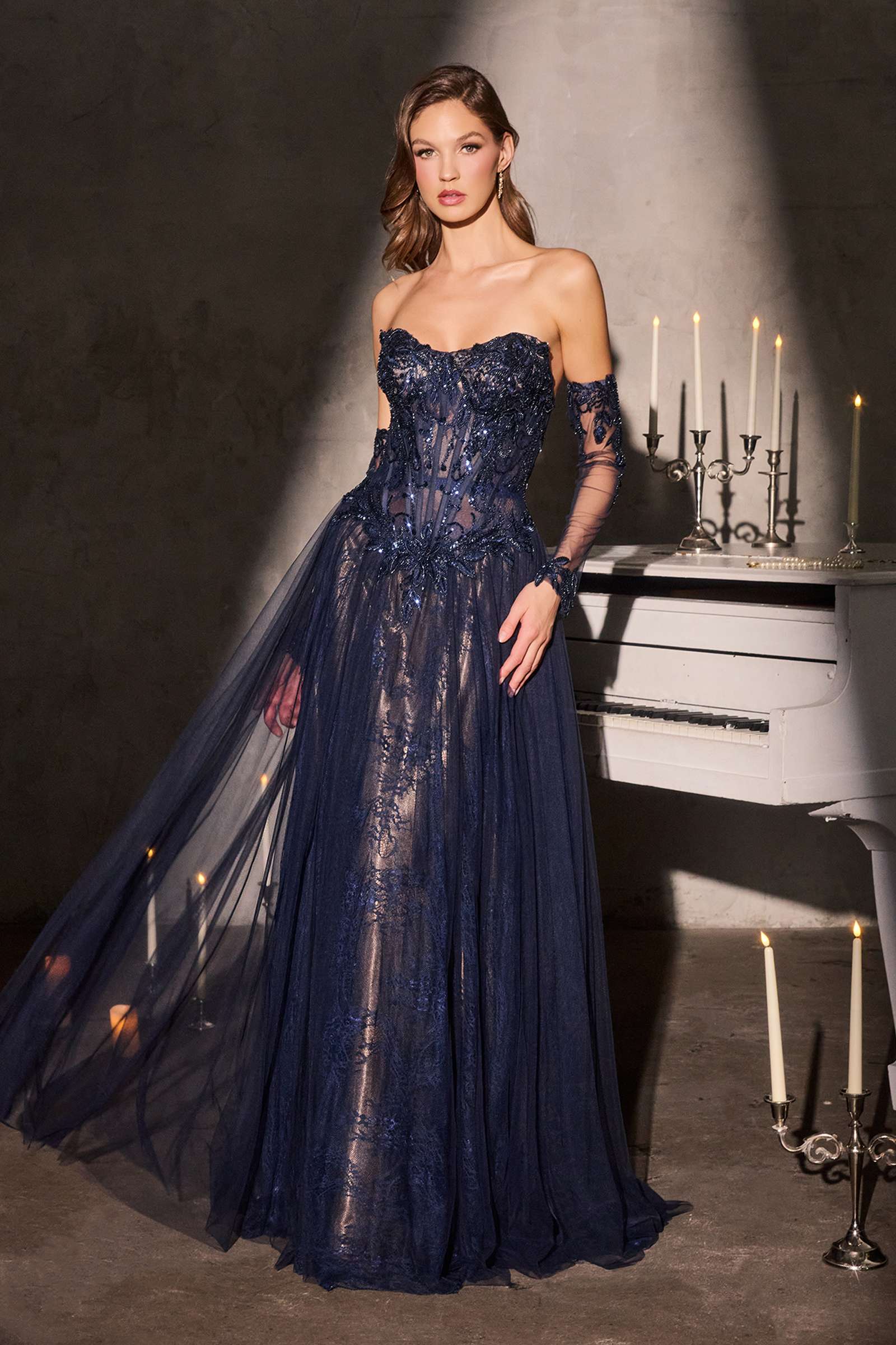 Ladivine CD717 Strapless A-Line Gown Lace Applique Tulle Skirt