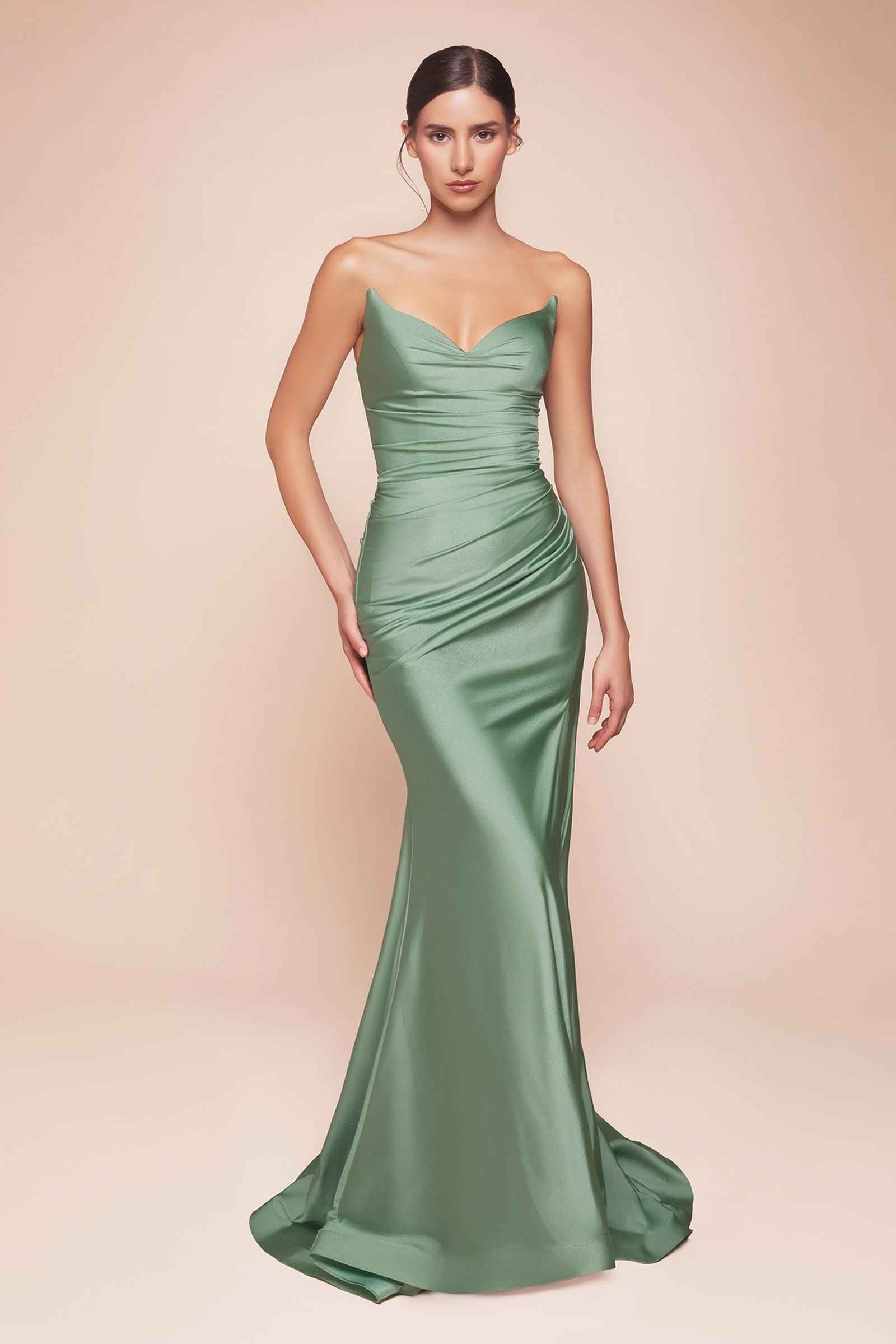 Ladivine CD791 Dress Strapless Stretch Satin Fitted Gown with Slit