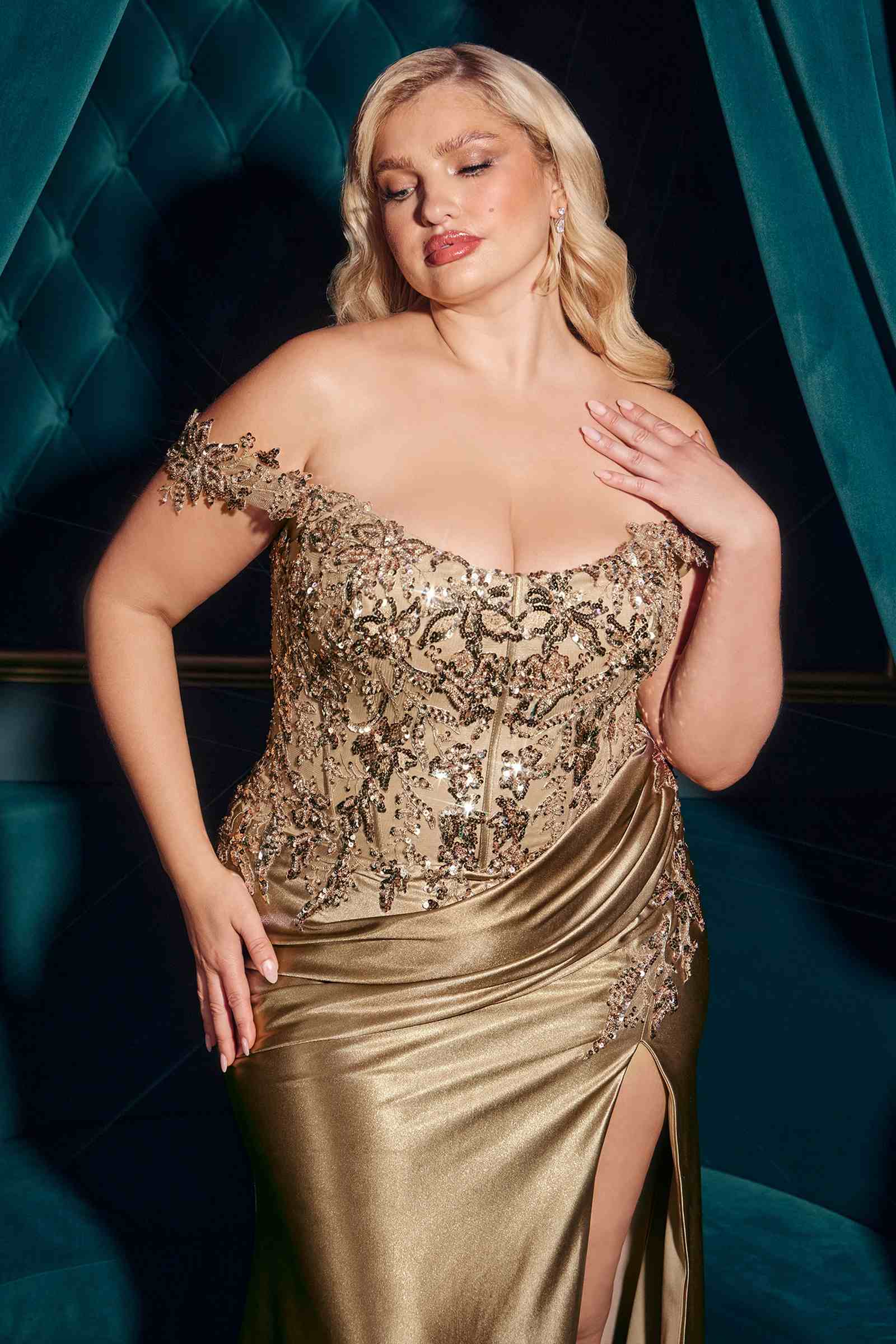 Ladivine CDS537C Off The Shoulder Lace & Satin Curve Dress