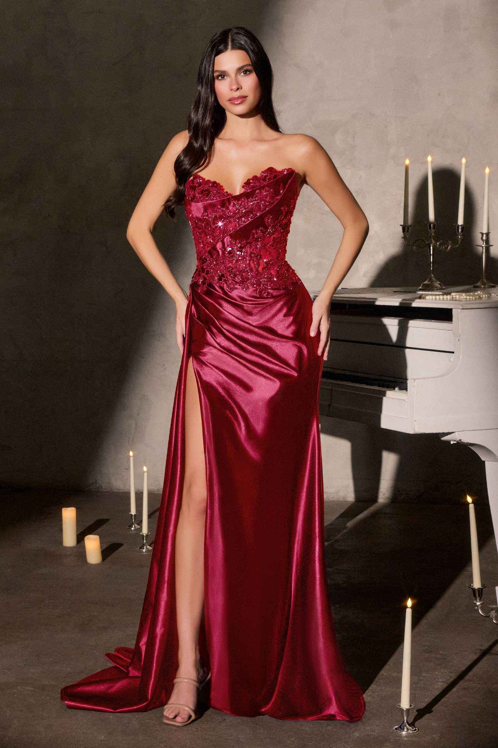 Ladivine CDS567 Strapless Sleek Satin Skirt Leg Slit Floral Beaded Gown