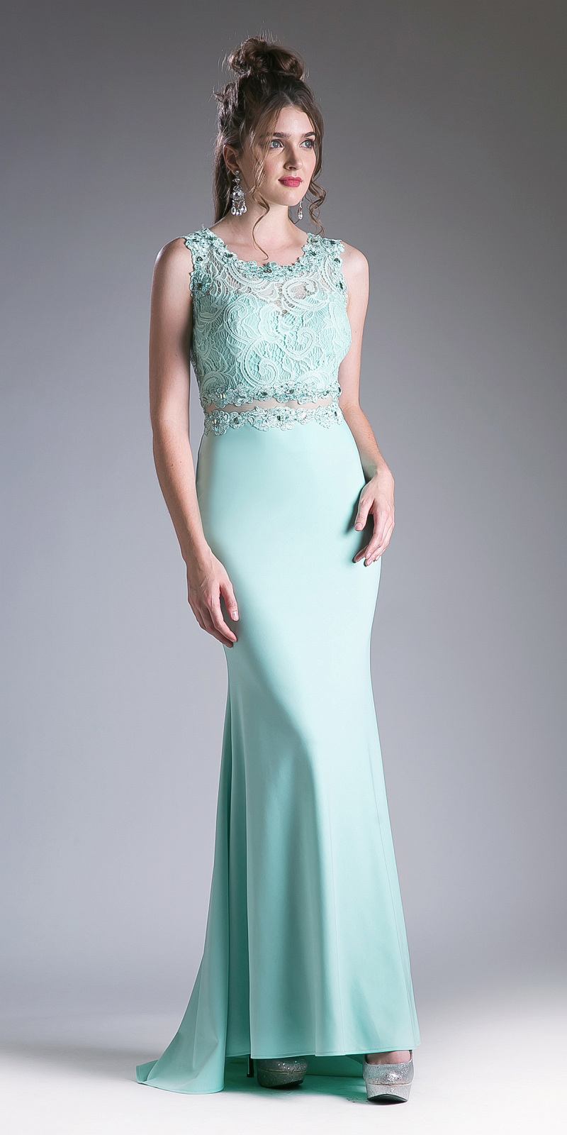 Cinderella Divine CF115 Long Lace Bodice Stretch Knit Sheath Dress Sleeveless