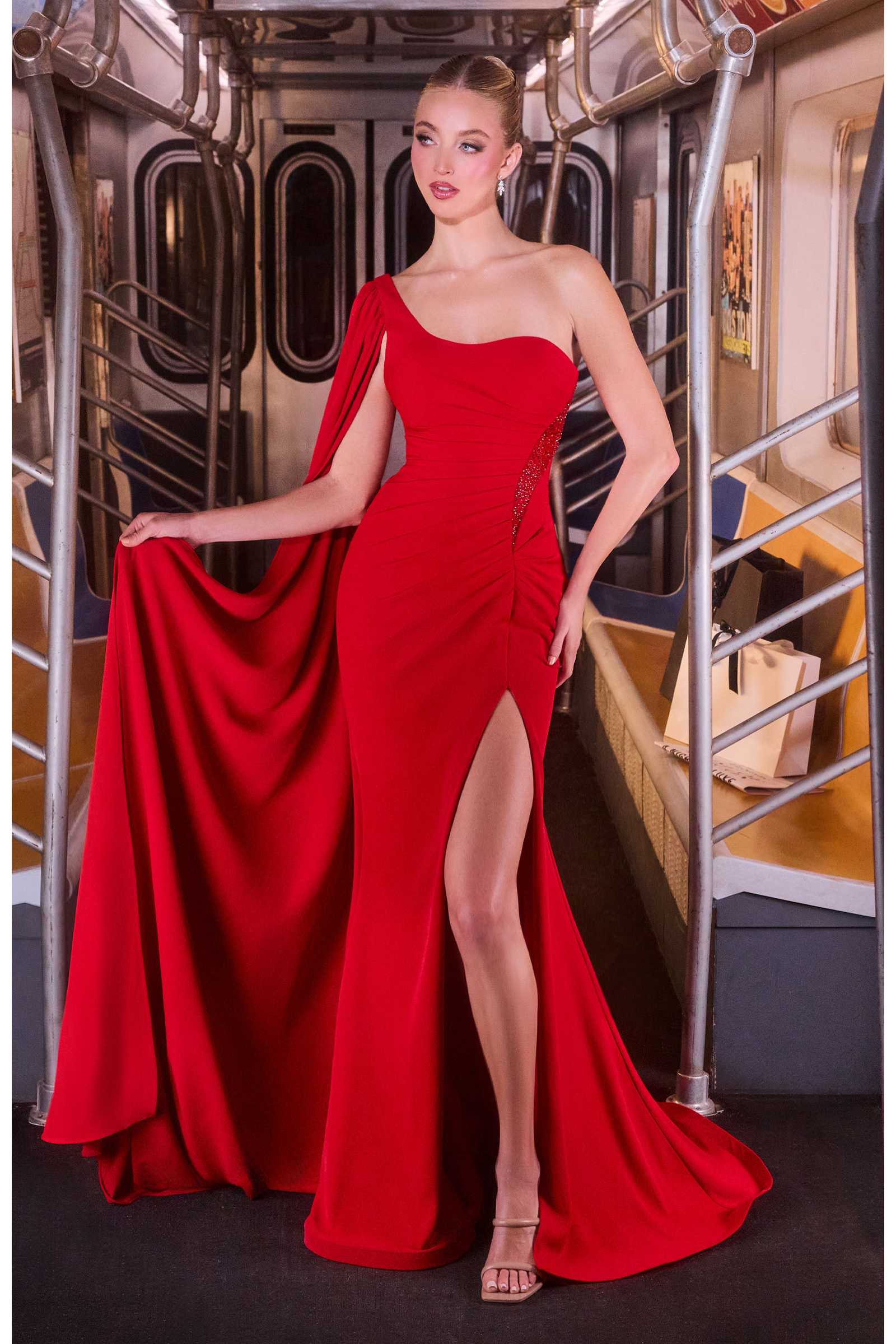 Ladivine CM8428 One Shoulder Fitted Draped Cape Evening Gown